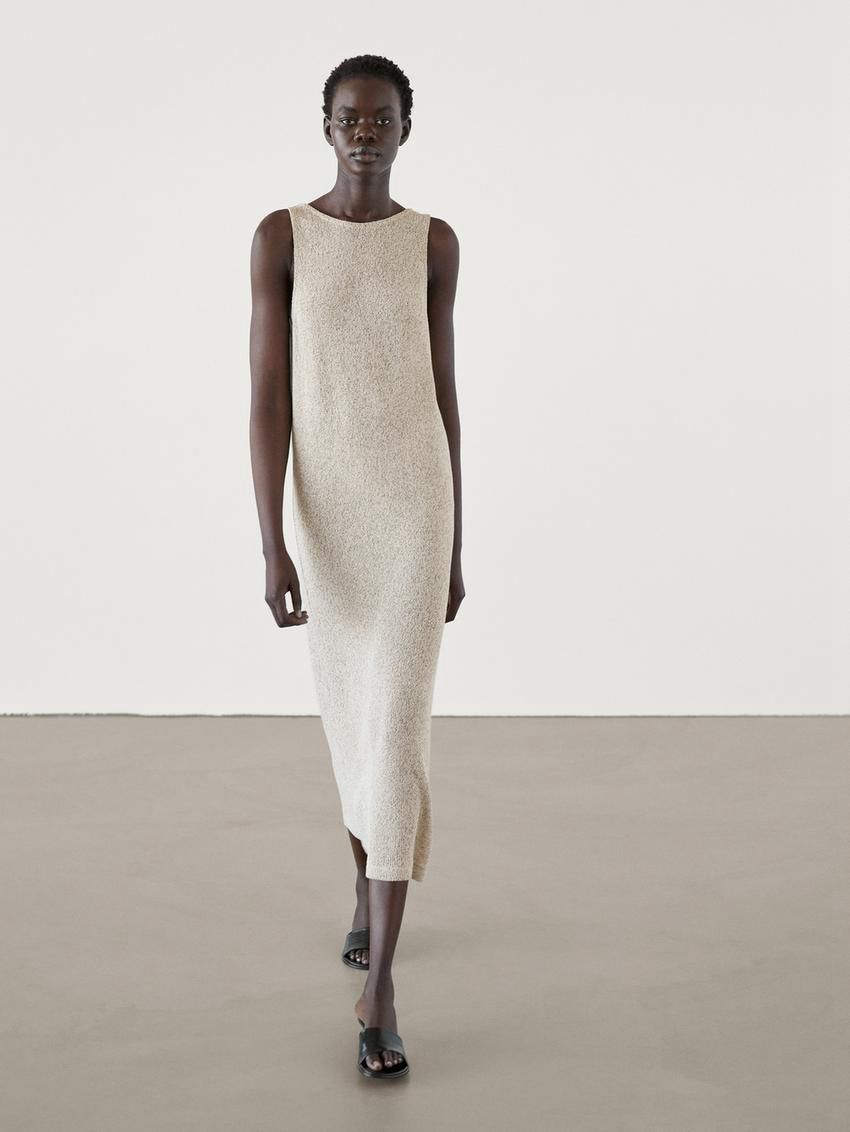 Massimo Dutti Cotton Twisted Yarn Knit Midi Women Dress Beige | US-ZE3048576
