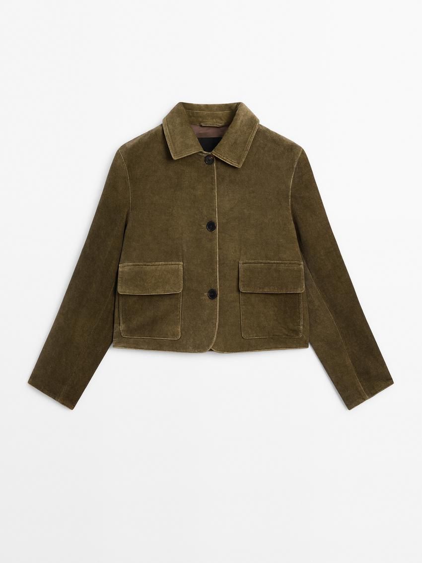 Massimo Dutti Cotton Velvet Women Jacket Olive | US-OG9708516