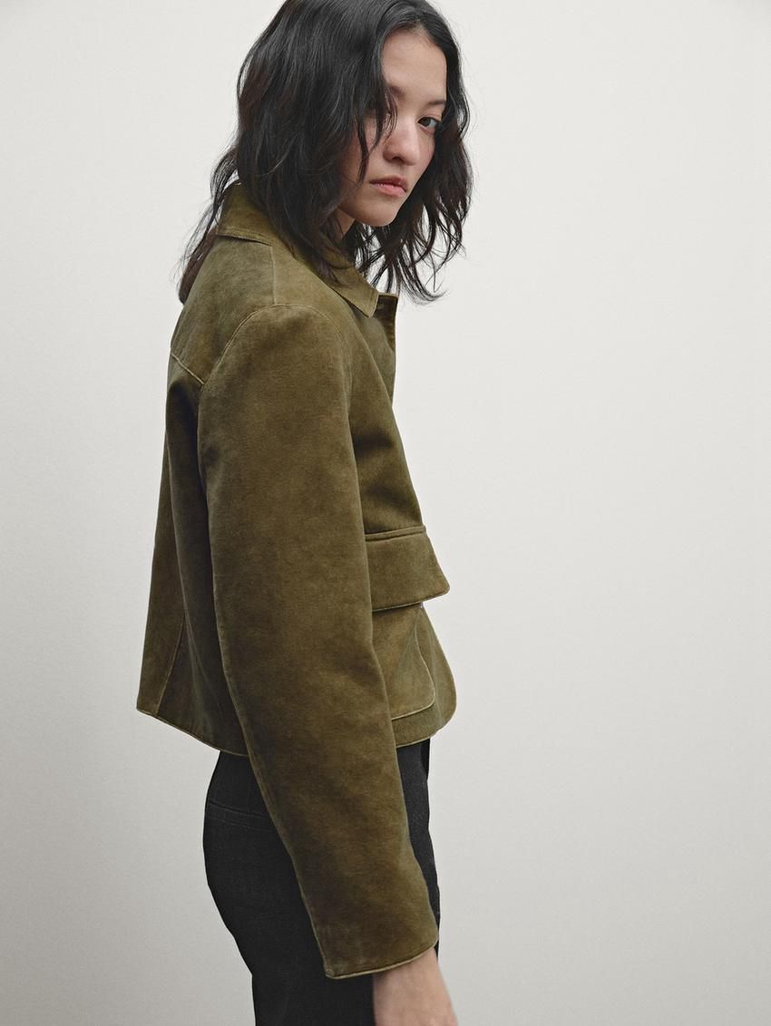 Massimo Dutti Cotton Velvet Women Jacket Olive | US-OG9708516