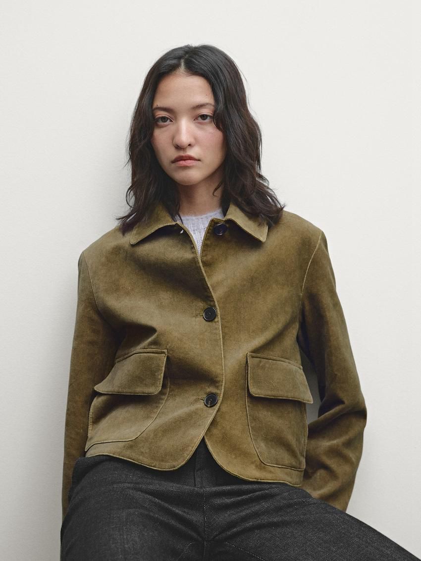 Massimo Dutti Cotton Velvet Women Jacket Olive | US-OG9708516