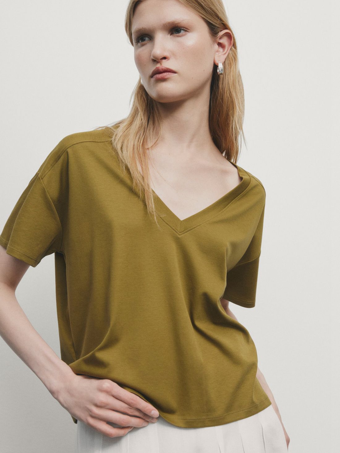 Massimo Dutti Cotton V-neck Women T-Shirt Olive | US-OX9420357