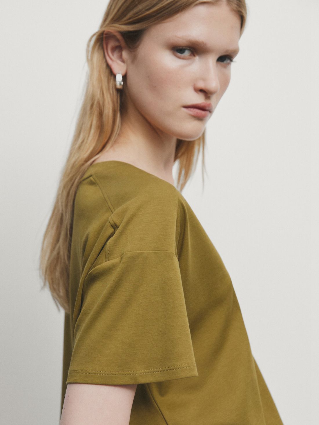 Massimo Dutti Cotton V-neck Women T-Shirt Olive | US-OX9420357