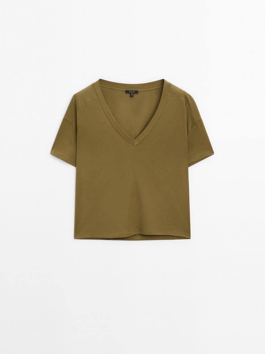 Massimo Dutti Cotton V-neck Women T-Shirt Olive | US-OX9420357