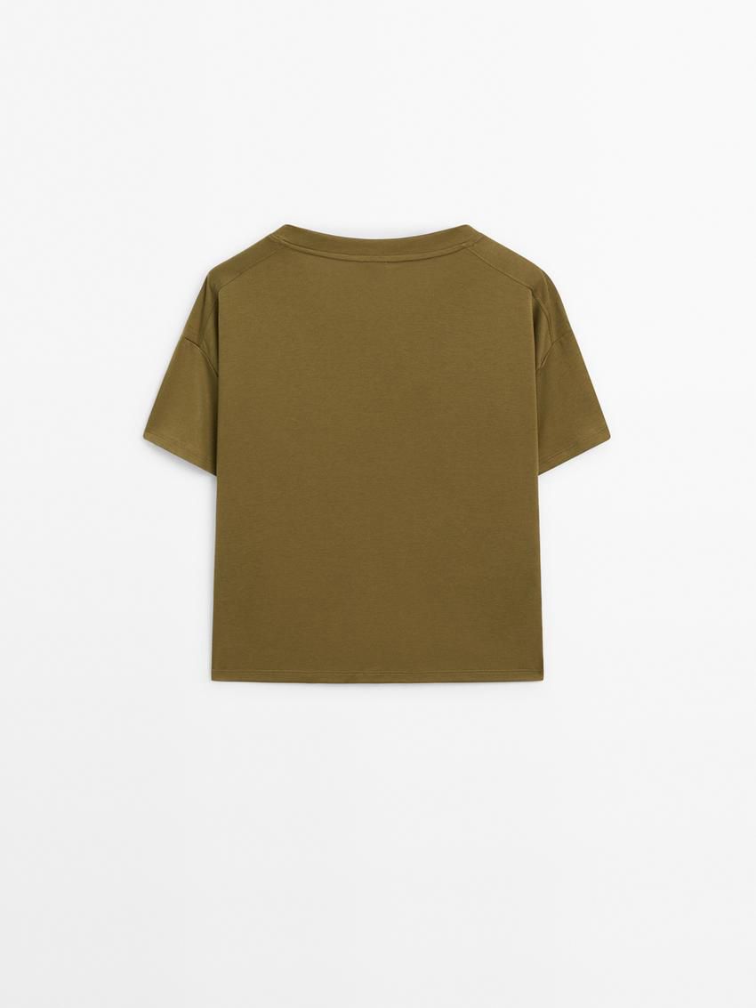 Massimo Dutti Cotton V-neck Women T-Shirt Olive | US-OX9420357