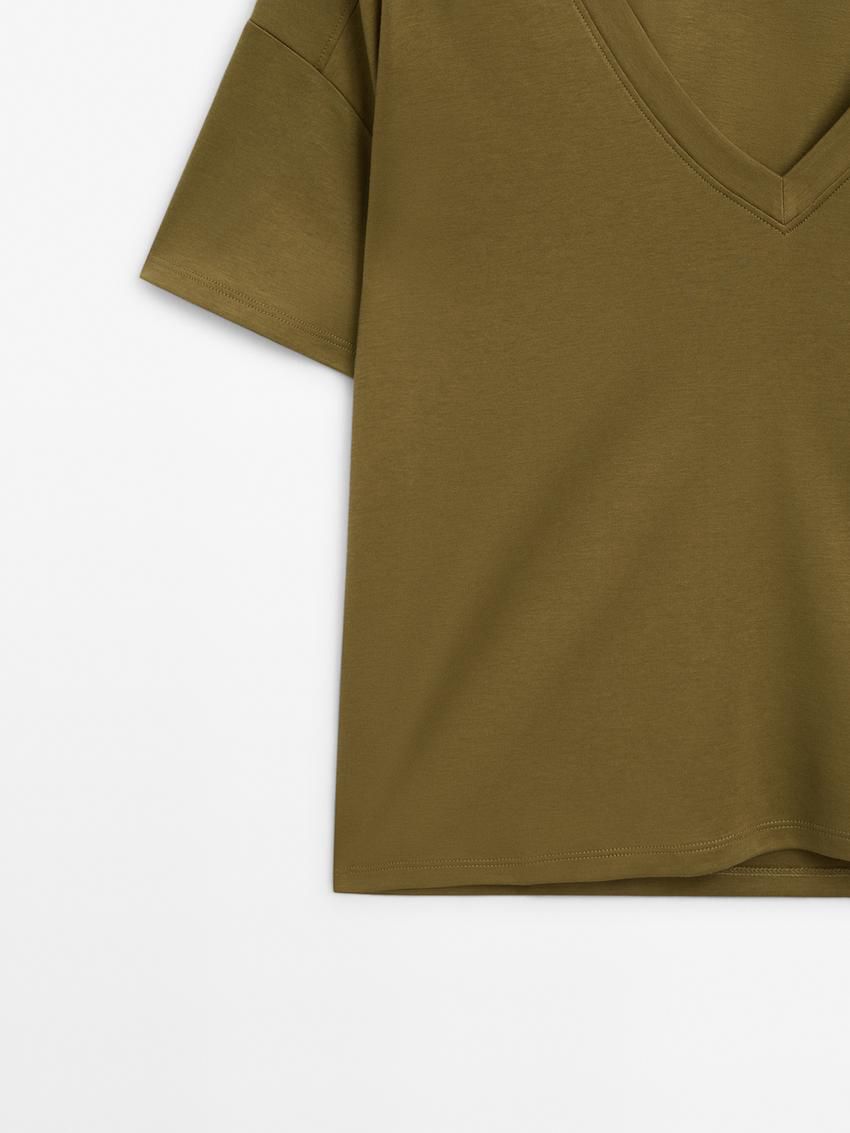 Massimo Dutti Cotton V-neck Women T-Shirt Olive | US-OX9420357