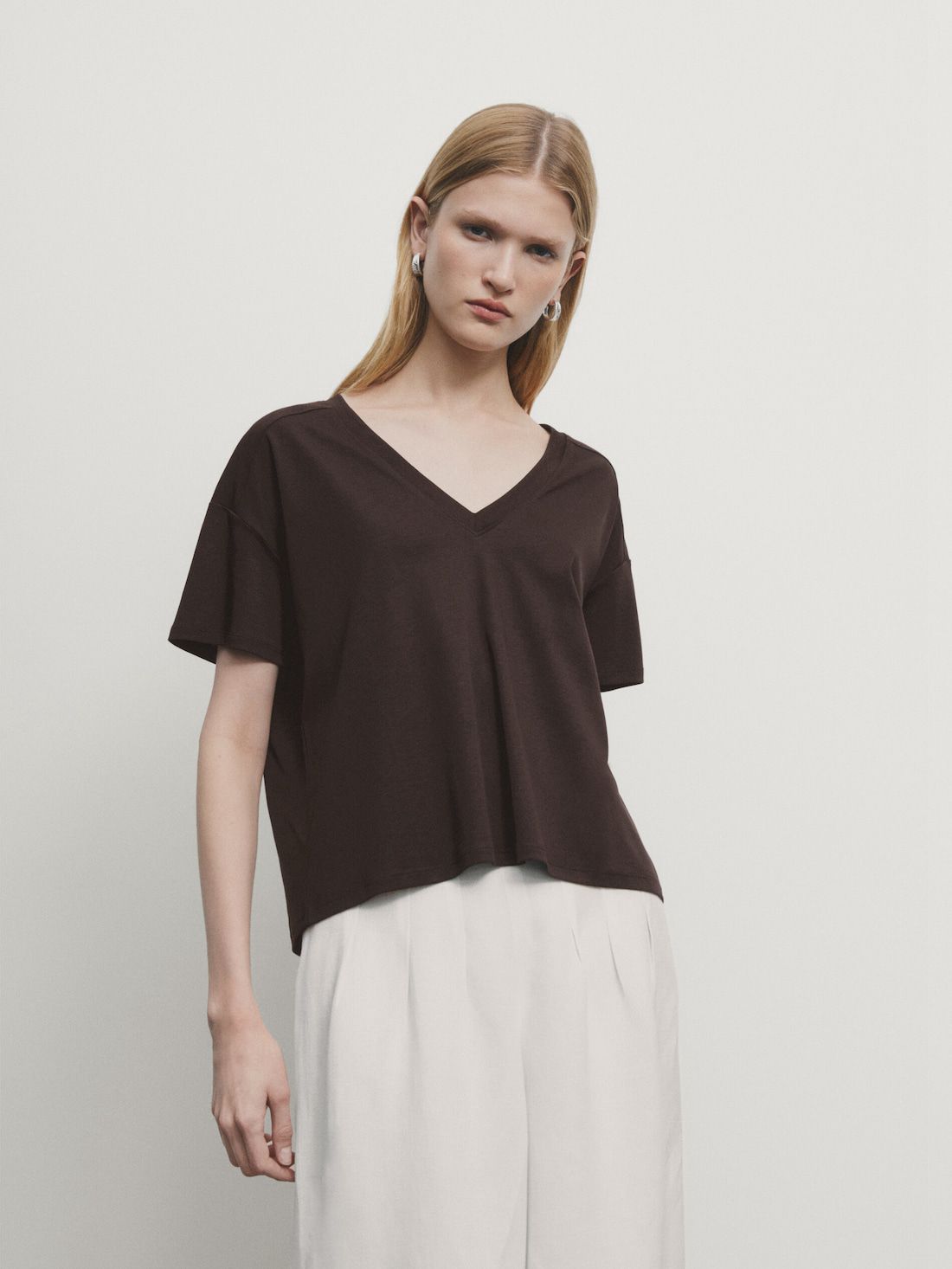 Massimo Dutti Cotton V-neck Women T-Shirt Dark Brown | US-NV4568729