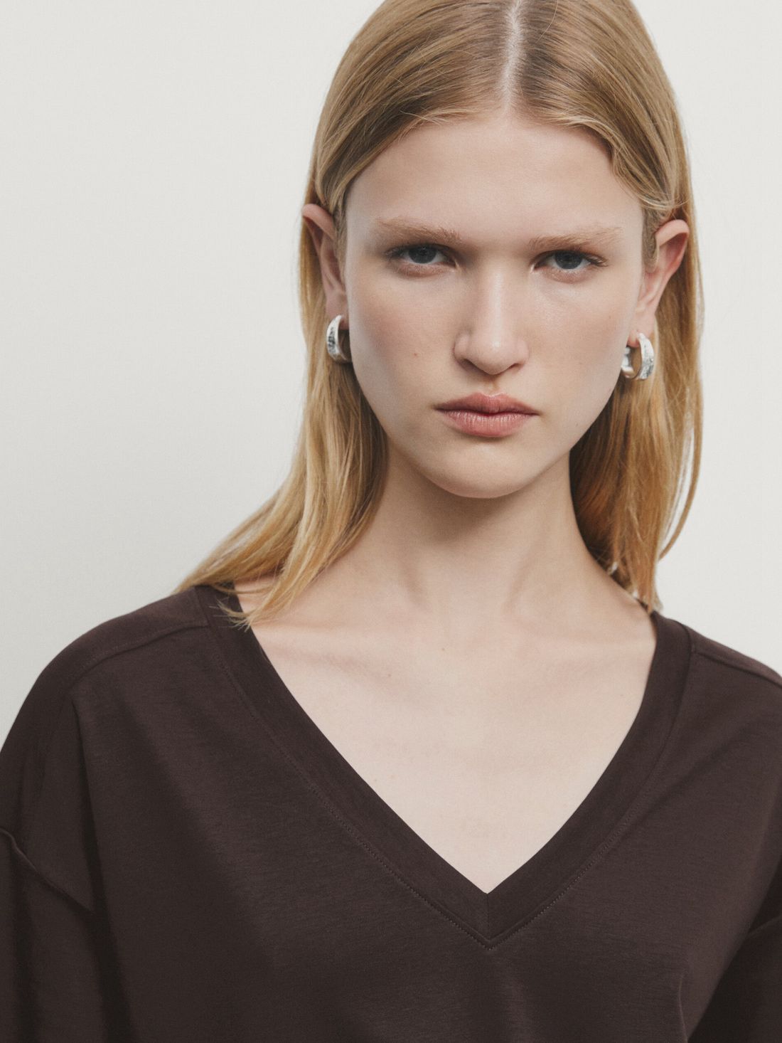Massimo Dutti Cotton V-neck Women T-Shirt Dark Brown | US-NV4568729