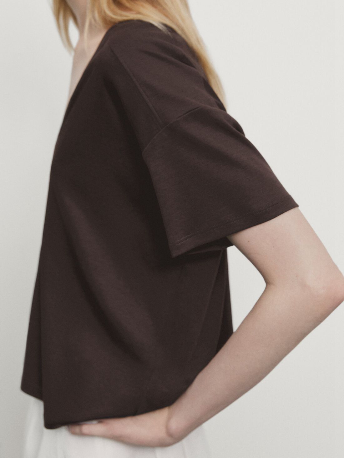 Massimo Dutti Cotton V-neck Women T-Shirt Dark Brown | US-NV4568729