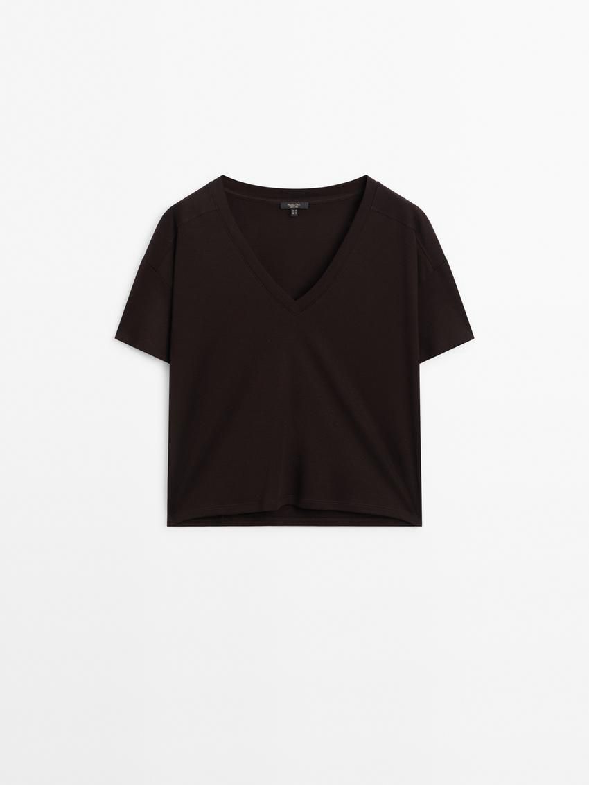 Massimo Dutti Cotton V-neck Women T-Shirt Dark Brown | US-NV4568729