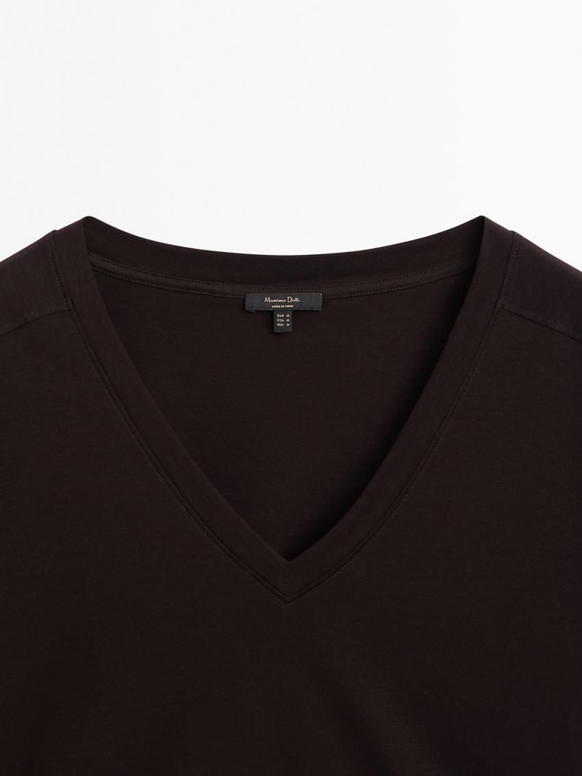 Massimo Dutti Cotton V-neck Women T-Shirt Dark Brown | US-NV4568729