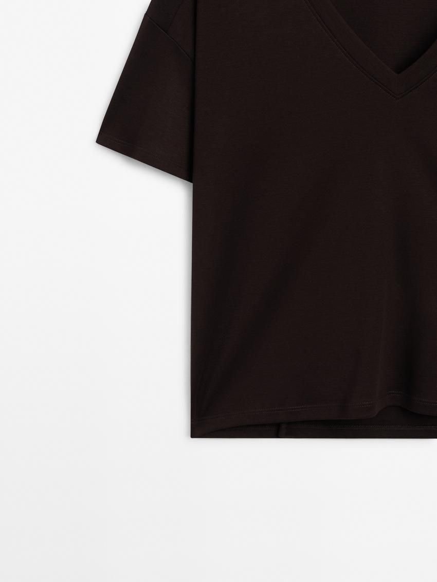Massimo Dutti Cotton V-neck Women T-Shirt Dark Brown | US-NV4568729