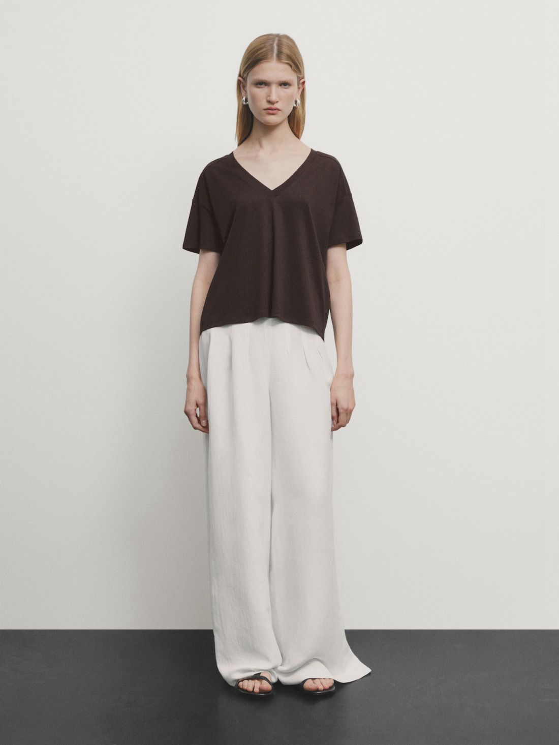 Massimo Dutti Cotton V-neck Women T-Shirt Dark Brown | US-NV4568729