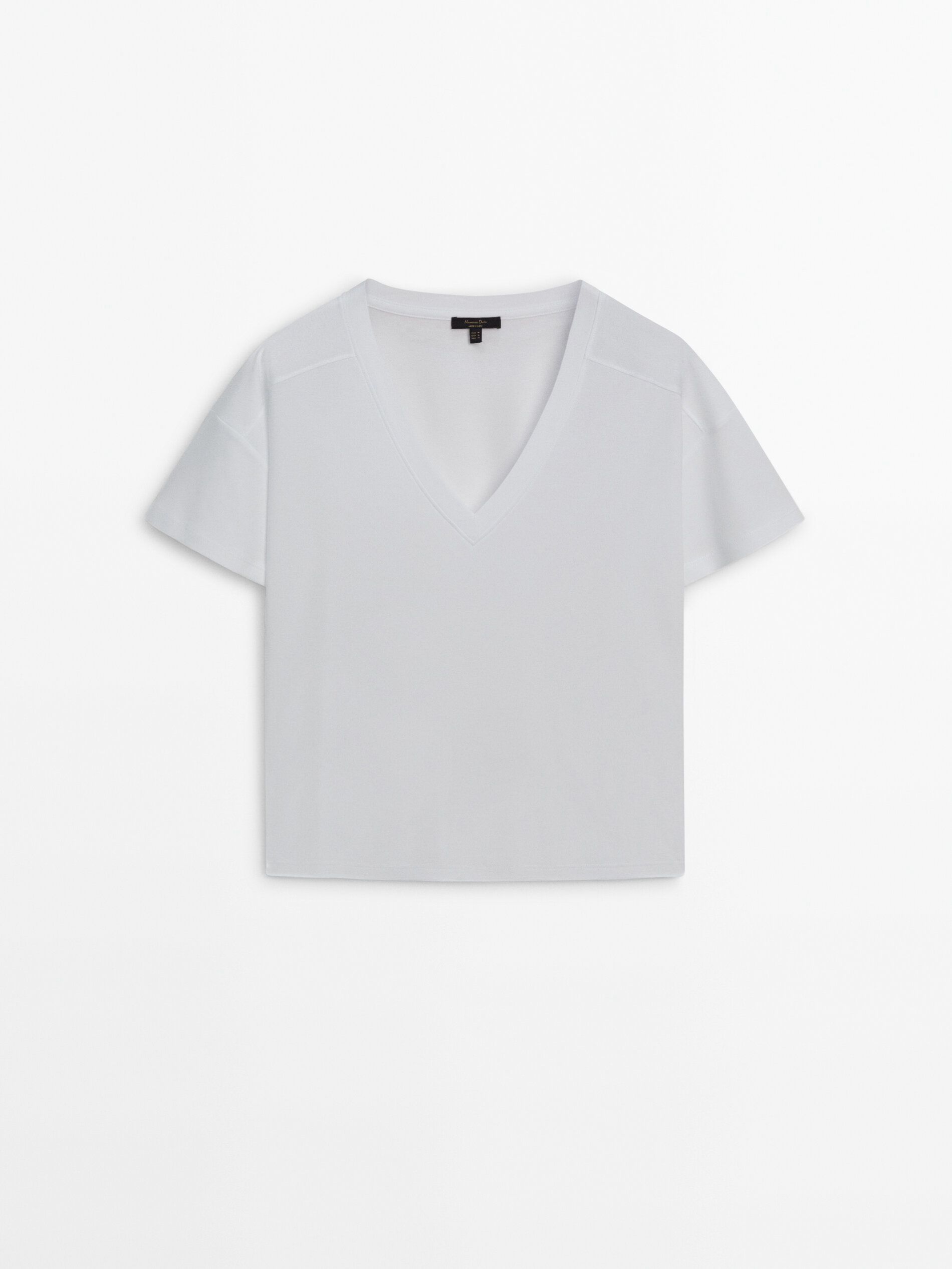Massimo Dutti Cotton V-neck Women T-Shirt White | US-QB5982136