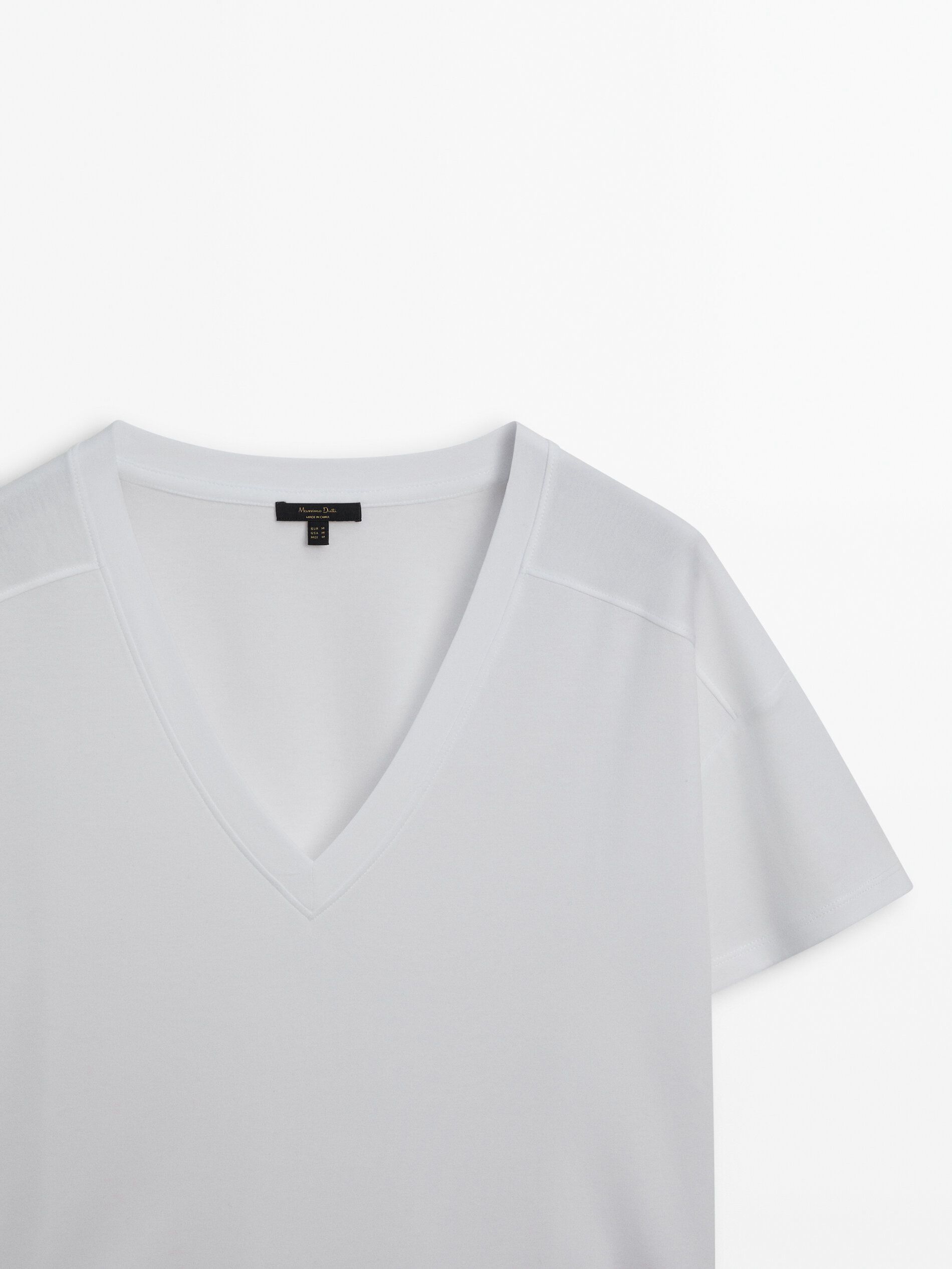 Massimo Dutti Cotton V-neck Women T-Shirt White | US-QB5982136