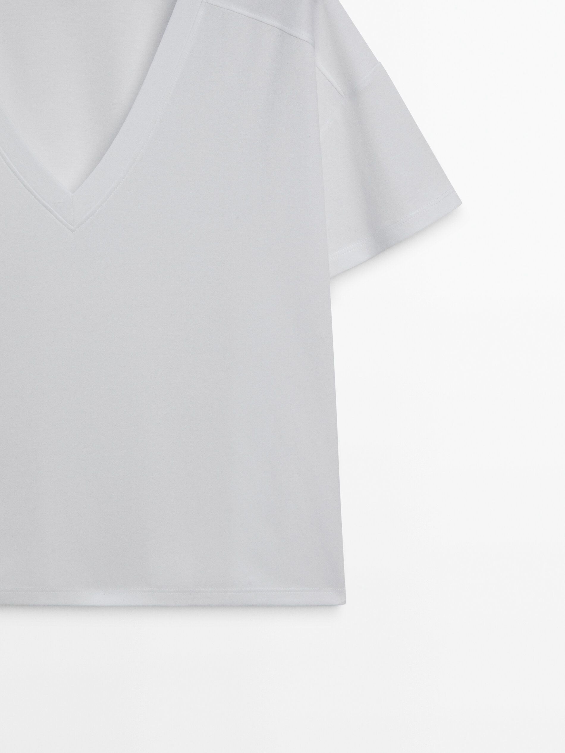 Massimo Dutti Cotton V-neck Women T-Shirt White | US-QB5982136