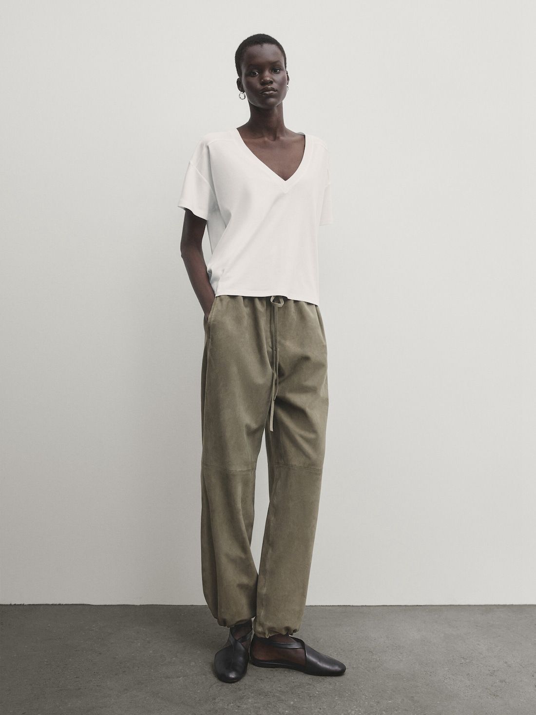 Massimo Dutti Cotton V-neck Women T-Shirt White | US-QB5982136