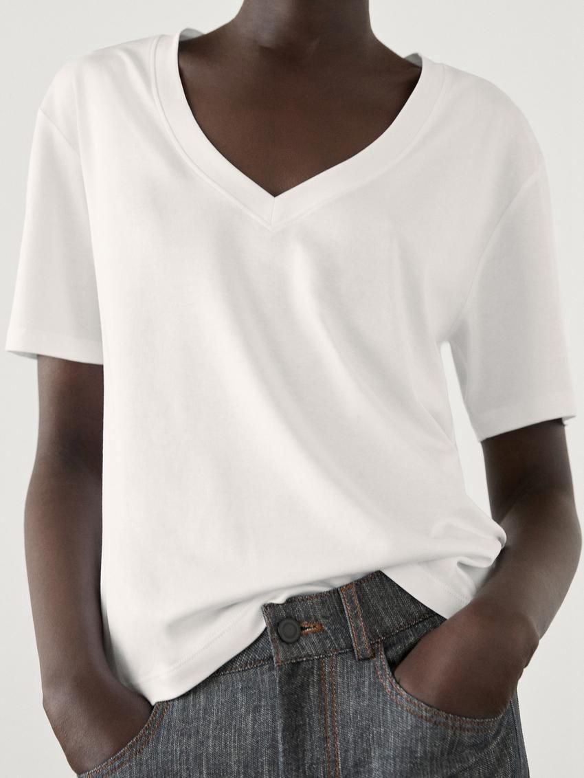 Massimo Dutti Cotton V-neck Women T-Shirt White | US-WT4830592
