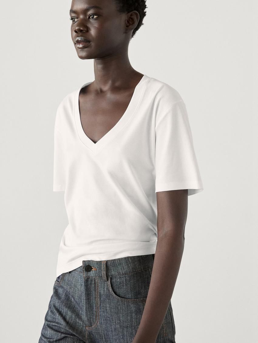 Massimo Dutti Cotton V-neck Women T-Shirt White | US-WT4830592