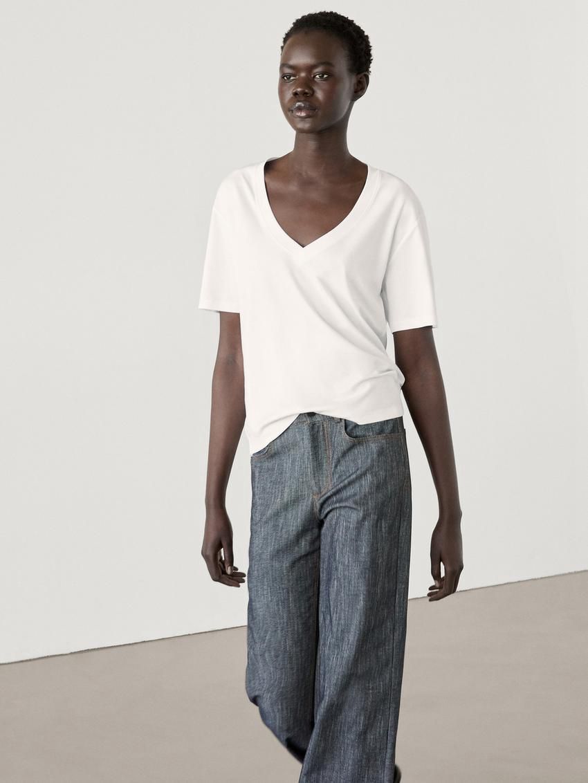 Massimo Dutti Cotton V-neck Women T-Shirt White | US-WT4830592