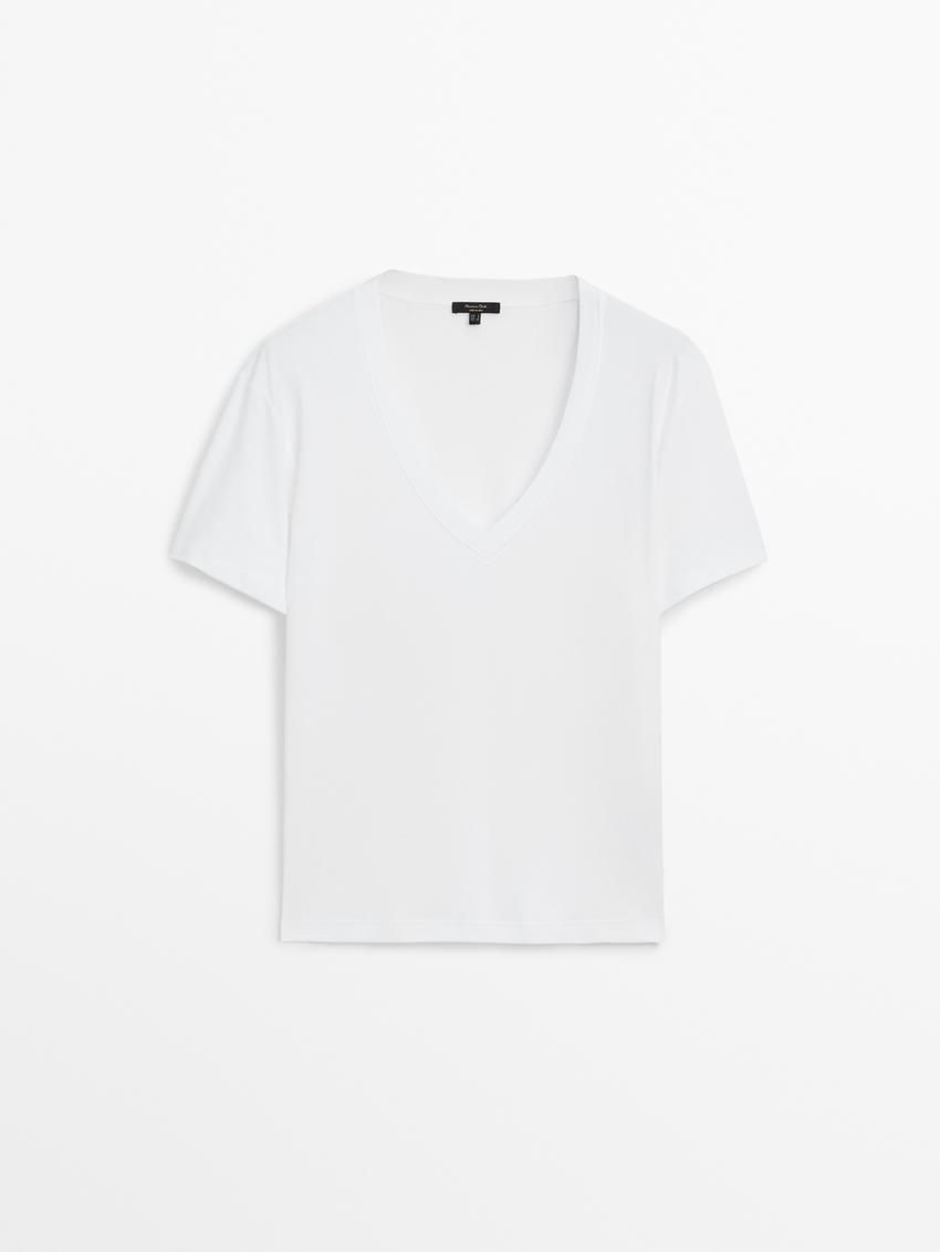 Massimo Dutti Cotton V-neck Women T-Shirt White | US-WT4830592