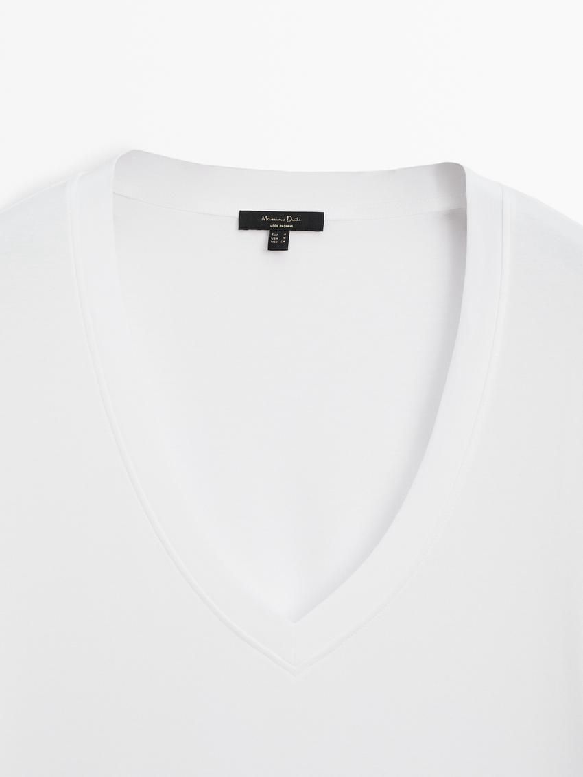 Massimo Dutti Cotton V-neck Women T-Shirt White | US-WT4830592
