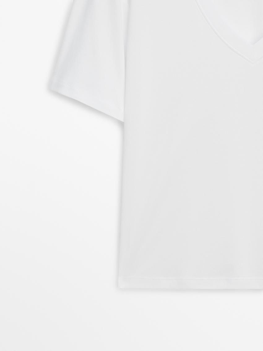 Massimo Dutti Cotton V-neck Women T-Shirt White | US-WT4830592