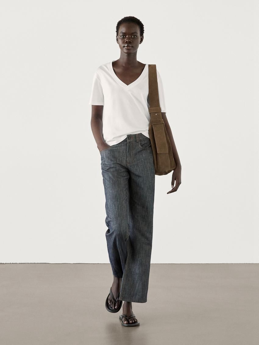 Massimo Dutti Cotton V-neck Women T-Shirt White | US-WT4830592