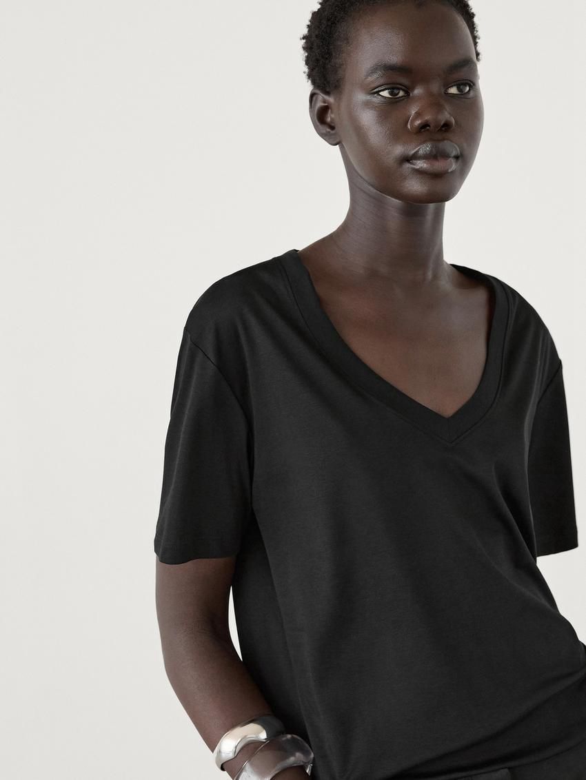 Massimo Dutti Cotton V-neck Women T-Shirt Black | US-MV6342805