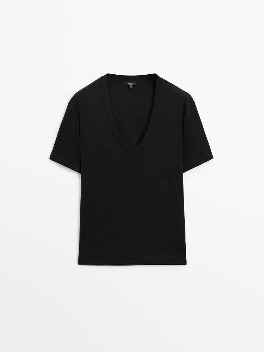 Massimo Dutti Cotton V-neck Women T-Shirt Black | US-MV6342805