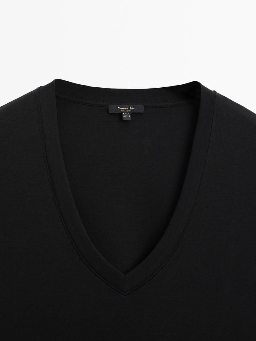 Massimo Dutti Cotton V-neck Women T-Shirt Black | US-MV6342805