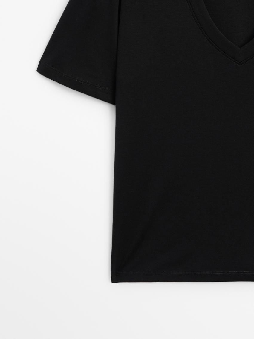 Massimo Dutti Cotton V-neck Women T-Shirt Black | US-MV6342805