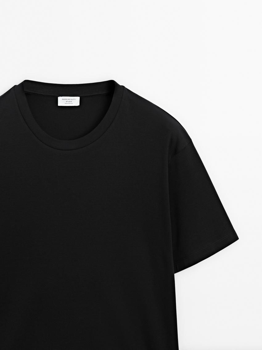 Massimo Dutti Cotton Wide Fit Men T-Shirt Black | US-KX6819037
