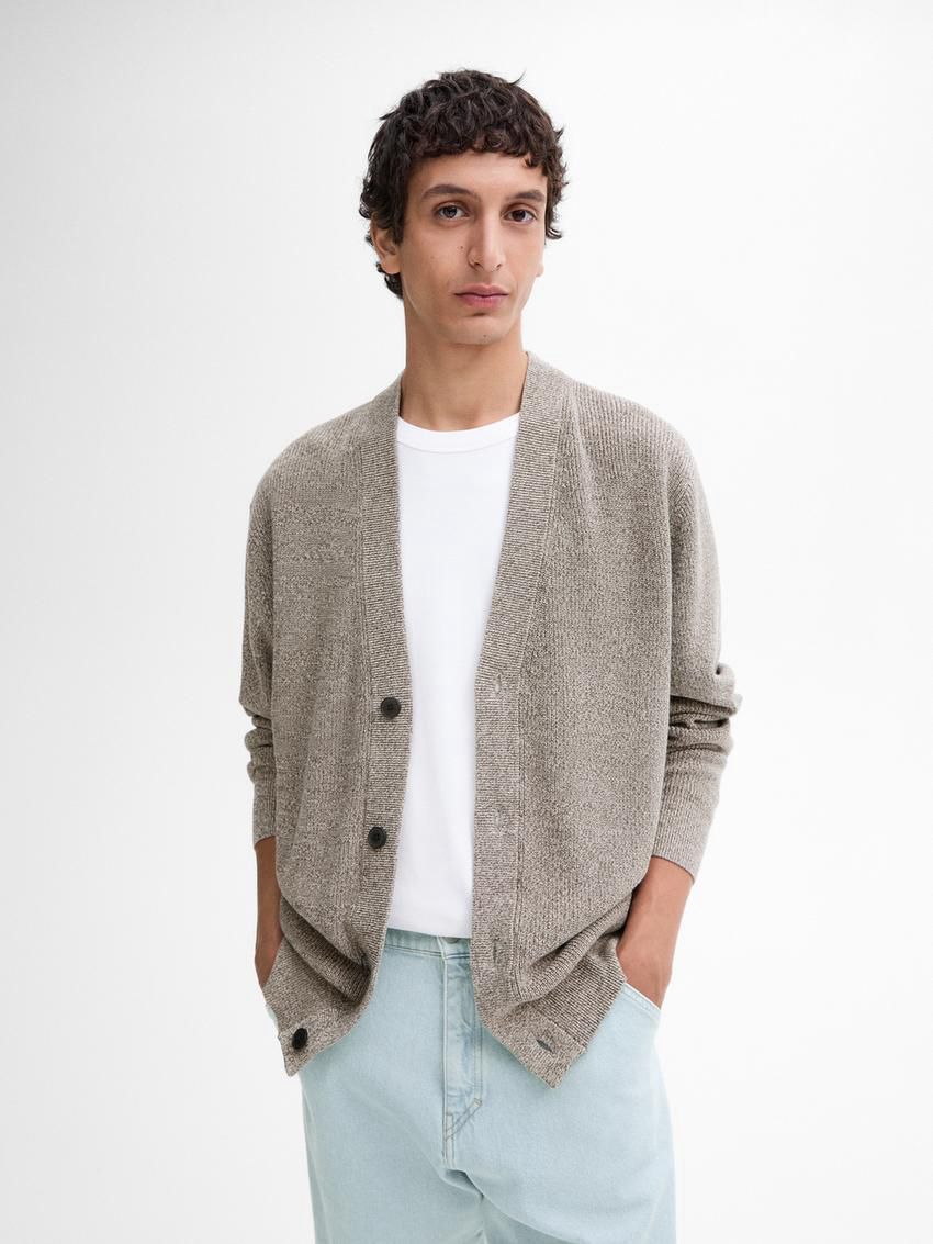 Massimo Dutti Cotton With Mouliné Detail Men Cardigan Brown Beige | US-CQ6840153