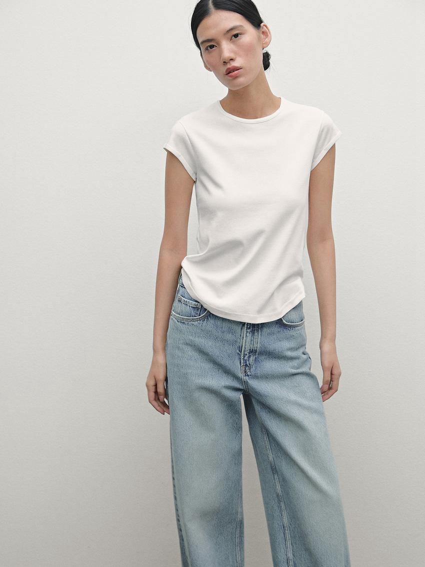 Massimo Dutti Cotton With Rounded Hem Women T-Shirt Cream | US-QW7803641