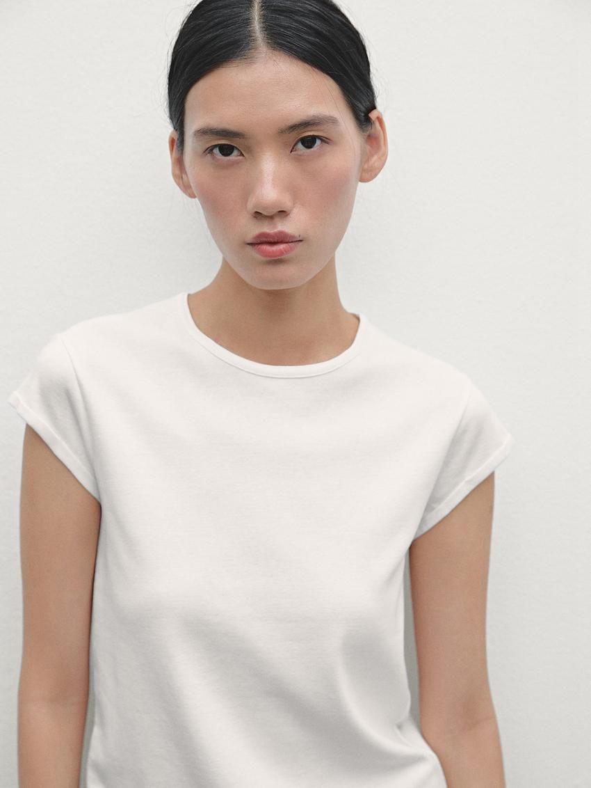 Massimo Dutti Cotton With Rounded Hem Women T-Shirt Cream | US-QW7803641