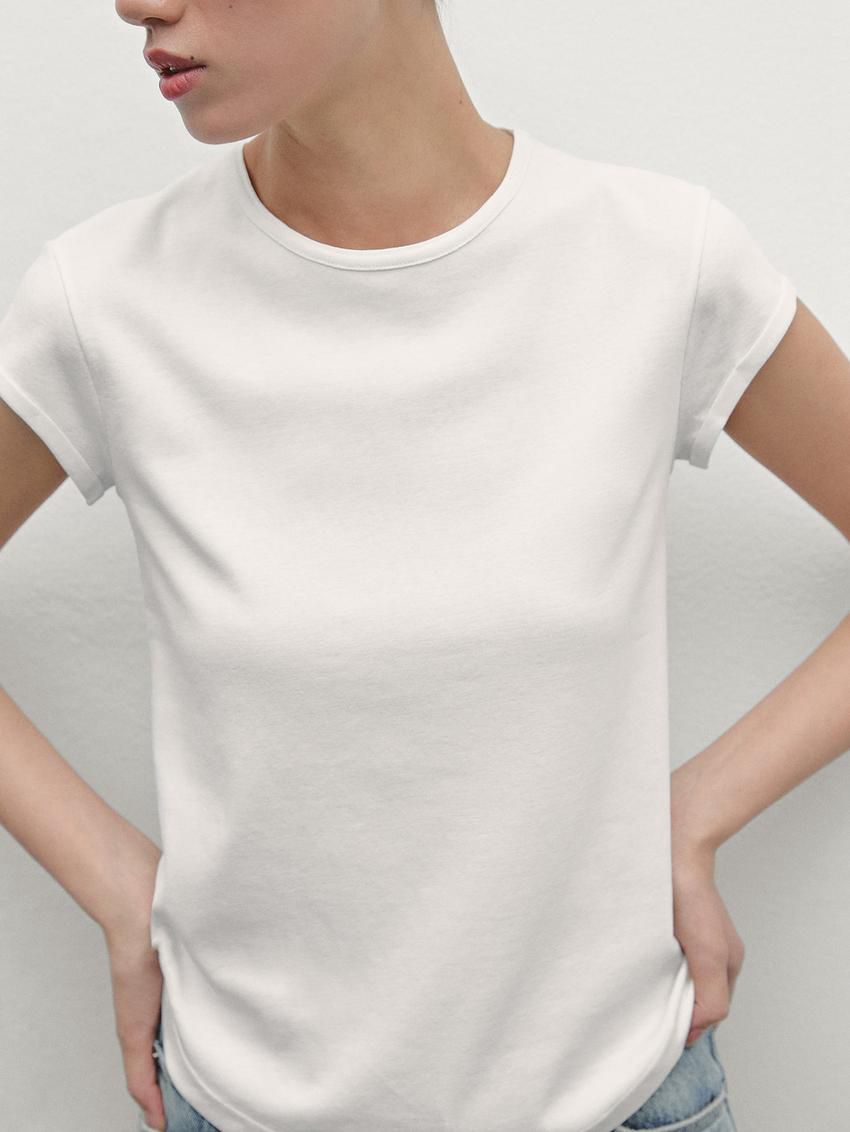 Massimo Dutti Cotton With Rounded Hem Women T-Shirt Cream | US-QW7803641