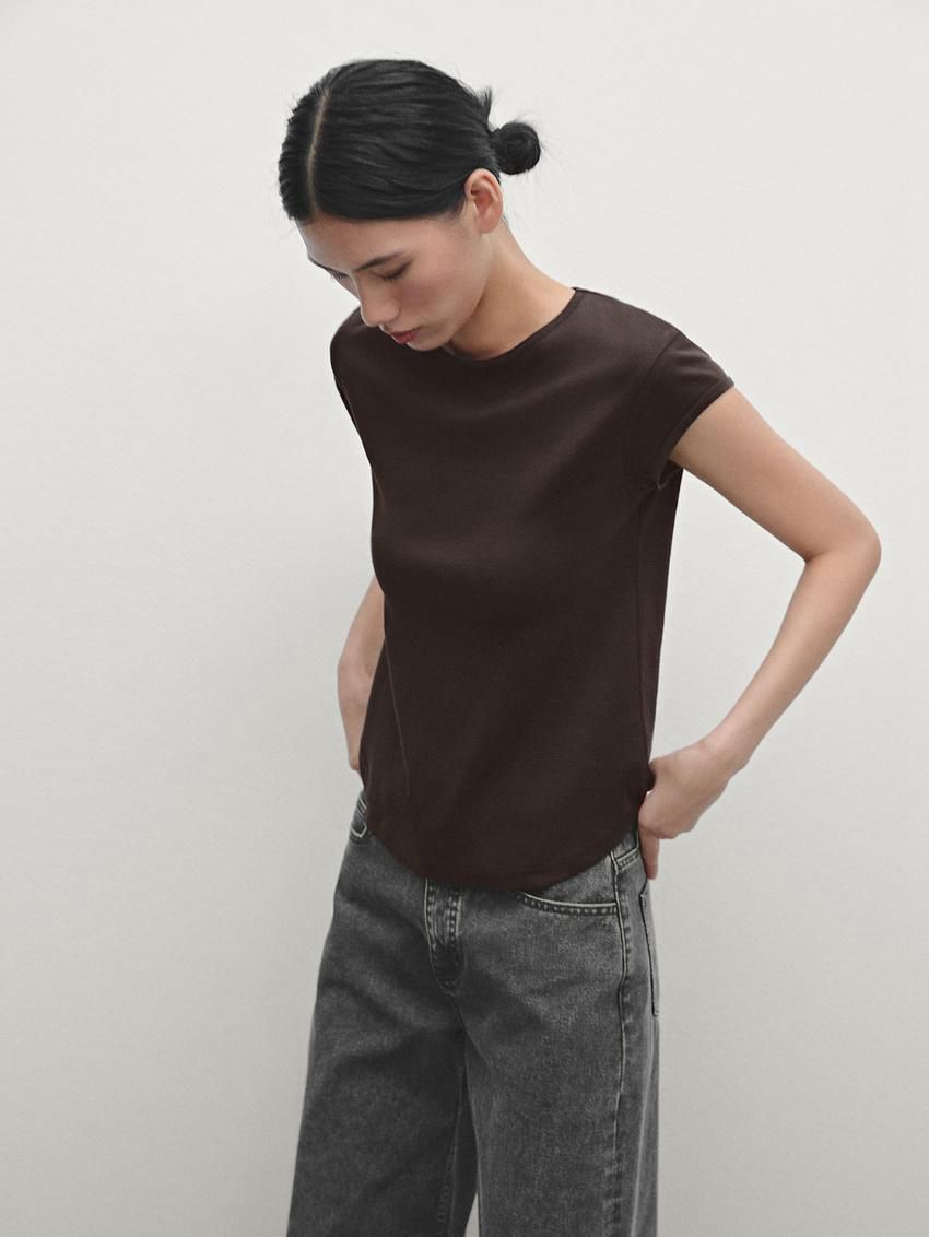 Massimo Dutti Cotton With Rounded Hem Women T-Shirt Dark Brown | US-ZB7653491