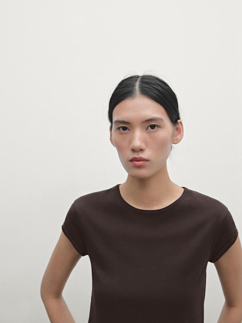Massimo Dutti Cotton With Rounded Hem Women T-Shirt Dark Brown | US-ZB7653491