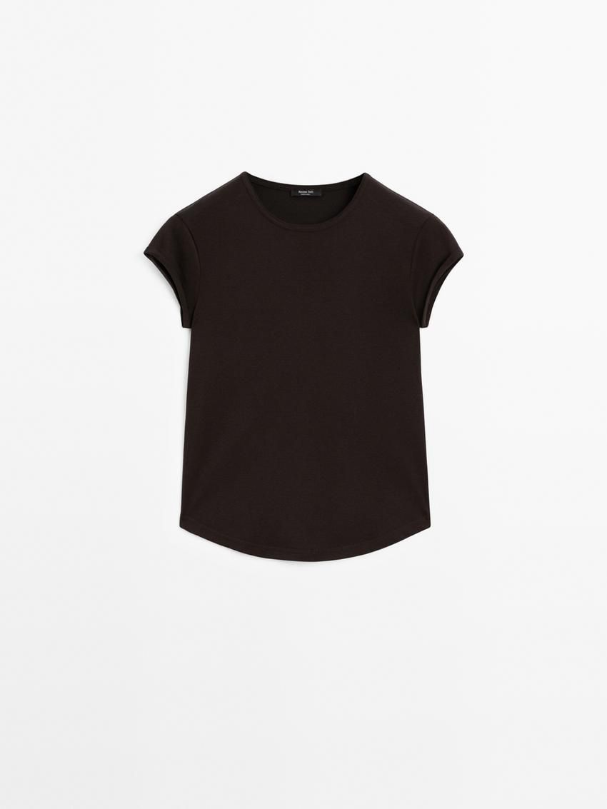 Massimo Dutti Cotton With Rounded Hem Women T-Shirt Dark Brown | US-ZB7653491