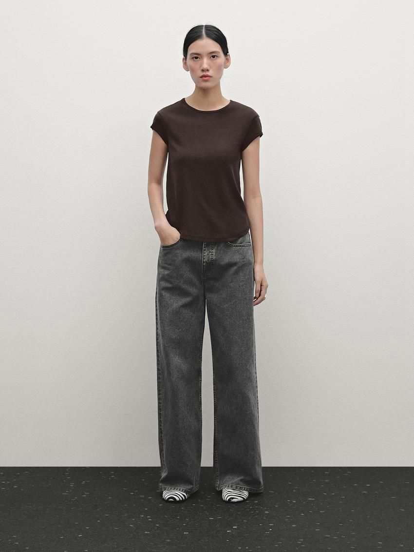 Massimo Dutti Cotton With Rounded Hem Women T-Shirt Dark Brown | US-ZB7653491