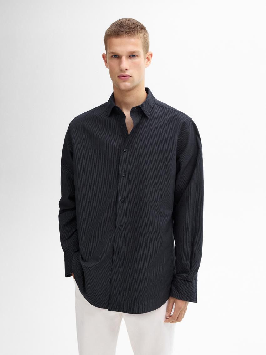 Massimo Dutti Cotton With Striped Detail Men Shirts Navy | US-MX9142586