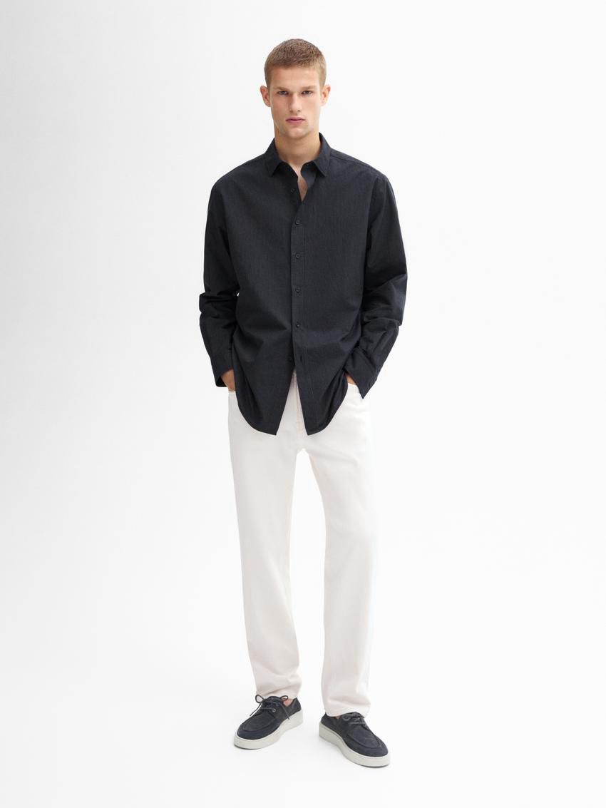 Massimo Dutti Cotton With Striped Detail Men Shirts Navy | US-MX9142586