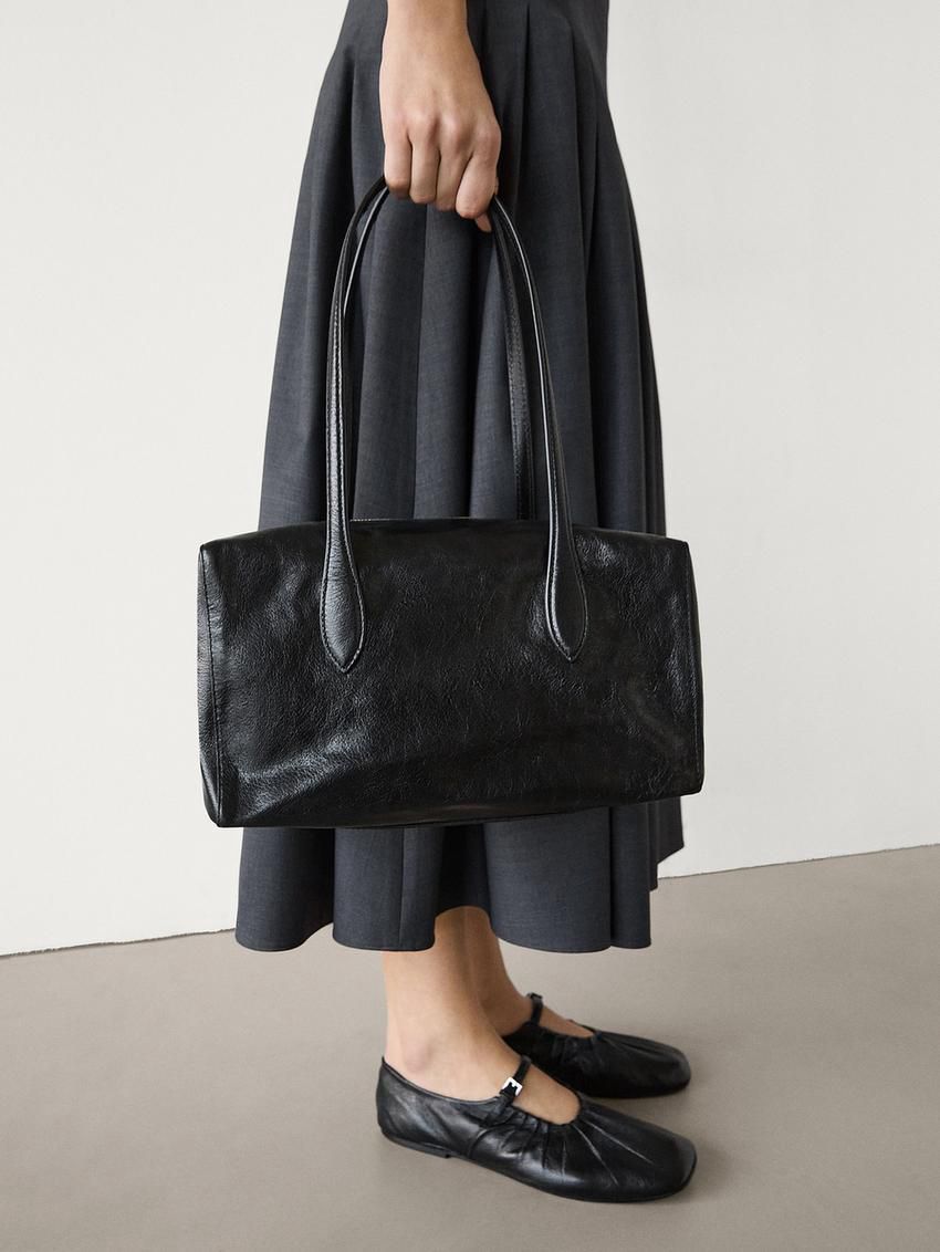 Massimo Dutti Crackled Nappa Satchel Women Shoulder Bag Black | US-EV1286473