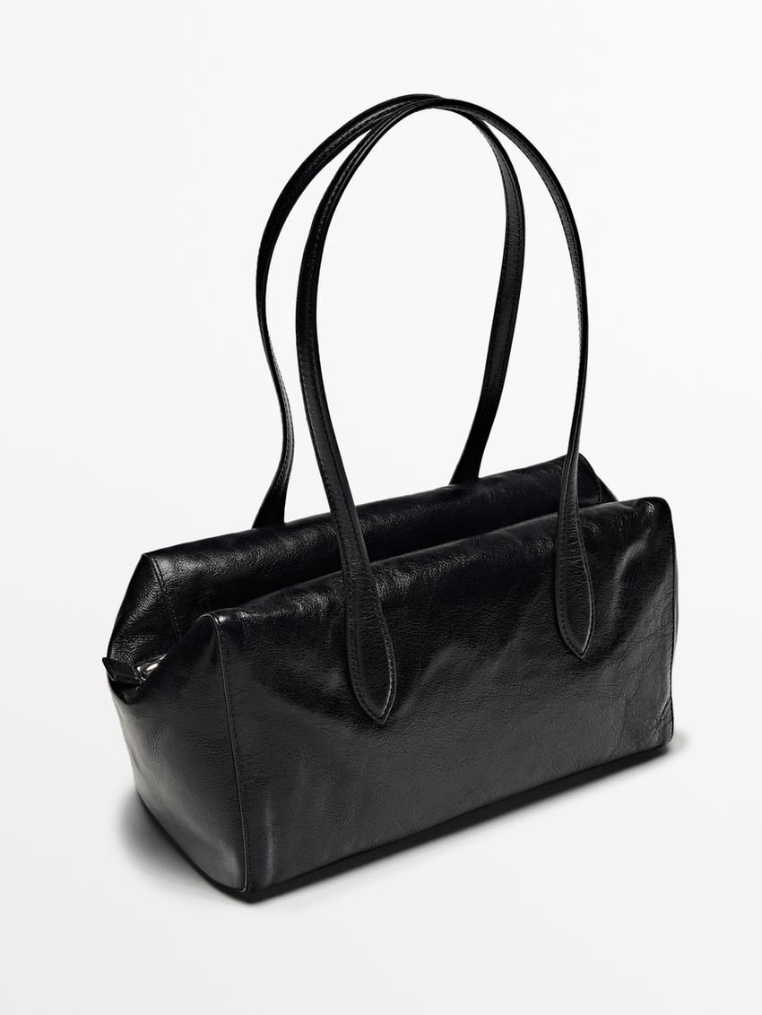 Massimo Dutti Crackled Nappa Satchel Women Shoulder Bag Black | US-EV1286473