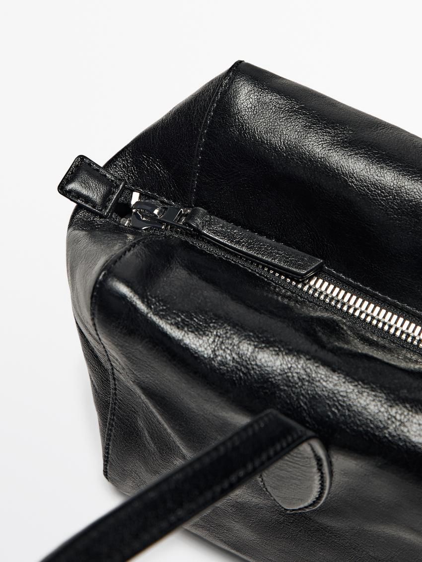 Massimo Dutti Crackled Nappa Satchel Women Shoulder Bag Black | US-EV1286473