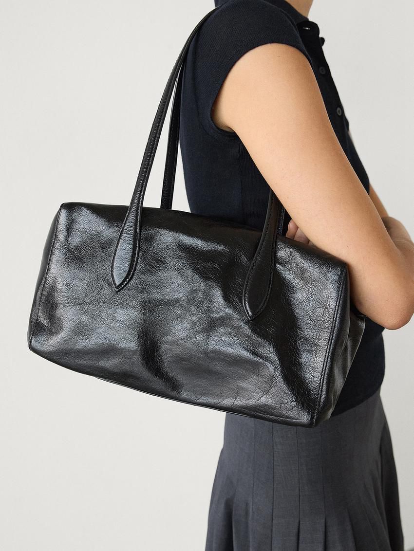 Massimo Dutti Crackled Nappa Satchel Women Shoulder Bag Black | US-EV1286473