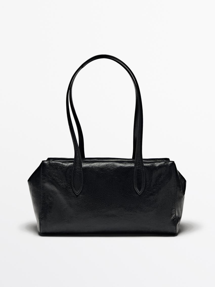 Massimo Dutti Crackled Nappa Satchel Women Shoulder Bag Black | US-EV1286473
