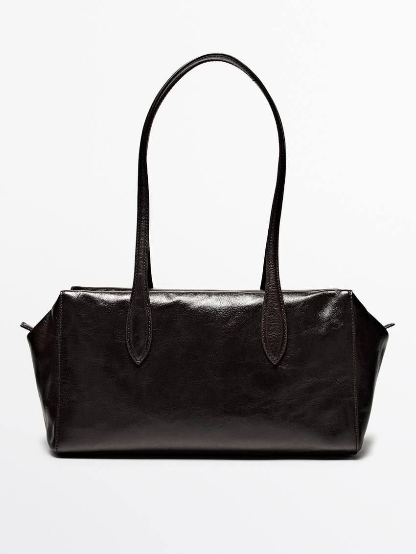 Massimo Dutti Crackled Nappa Satchel Women Shoulder Bag Dark Brown | US-KS6359271