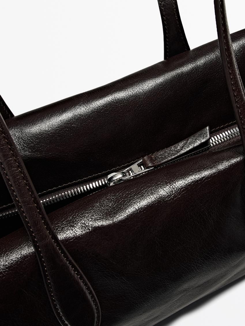 Massimo Dutti Crackled Nappa Satchel Women Shoulder Bag Dark Brown | US-KS6359271