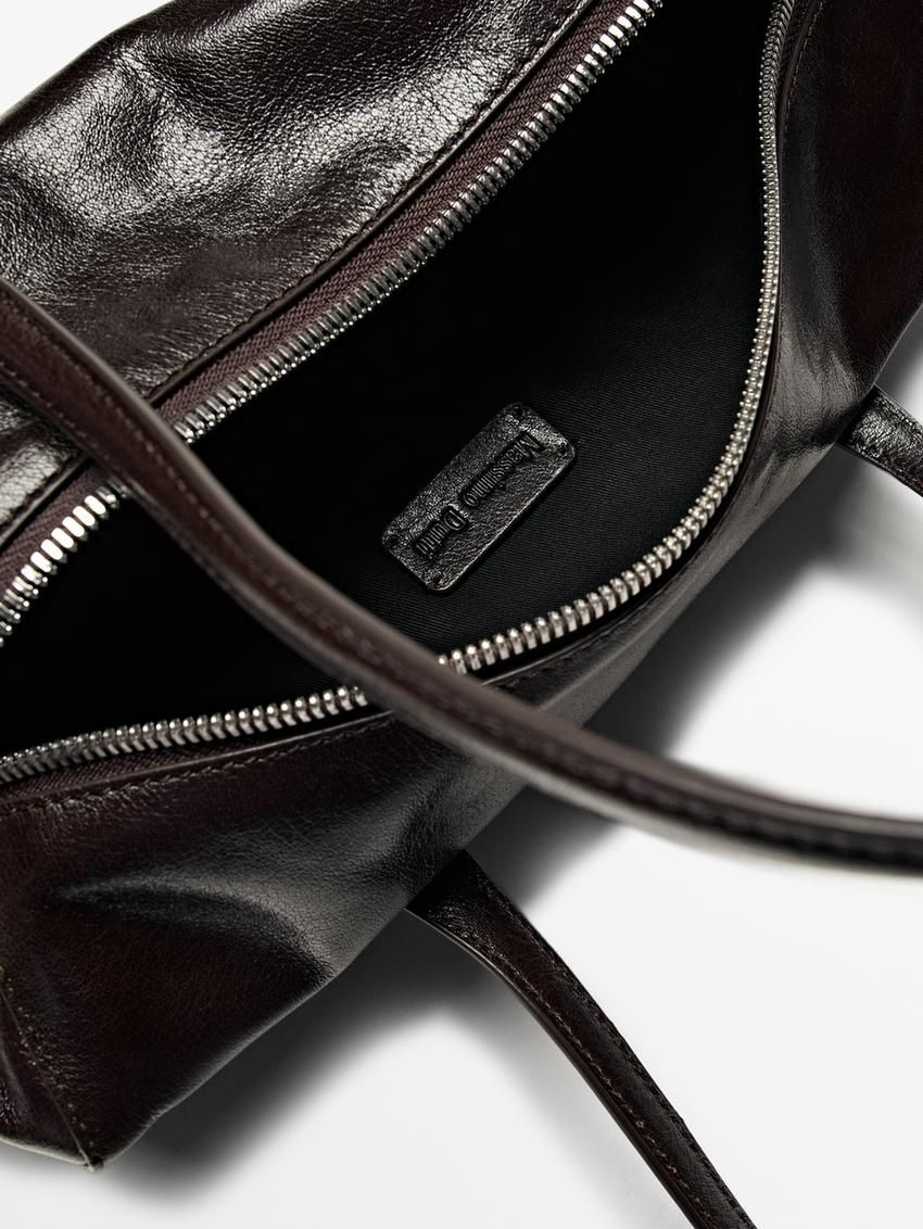 Massimo Dutti Crackled Nappa Satchel Women Shoulder Bag Dark Brown | US-KS6359271